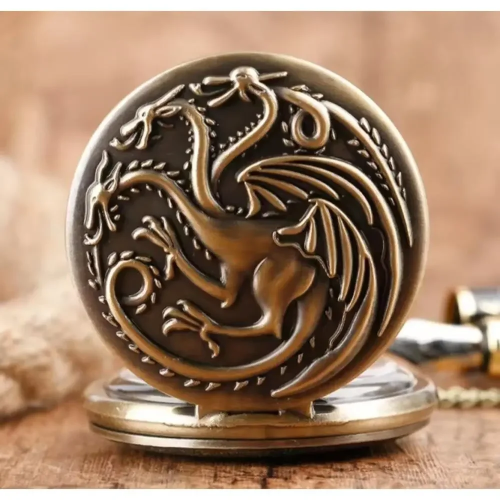 Three Headed Dragon Pocket Watch Necklace Brass Color Fantasy Pendant Chain